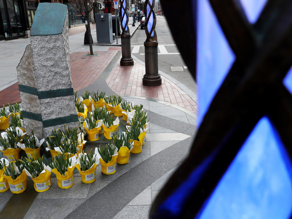 Flowers are placed at the memorial to the victims of the 2013 Boston Marathon bombings on April 20.
