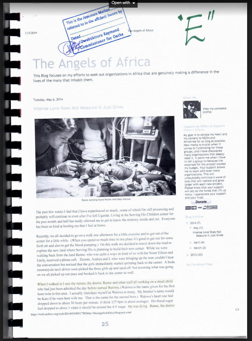 A court filing by Ugandan attorney Primah Kwagala includes excerpts from Renee Bach's blog as well as from a blog posted by a supporter of her charity who had visited and taken photos. This page above includes a photograph of Bach inserting an IV catheter into the vein of a severely malnourished child.