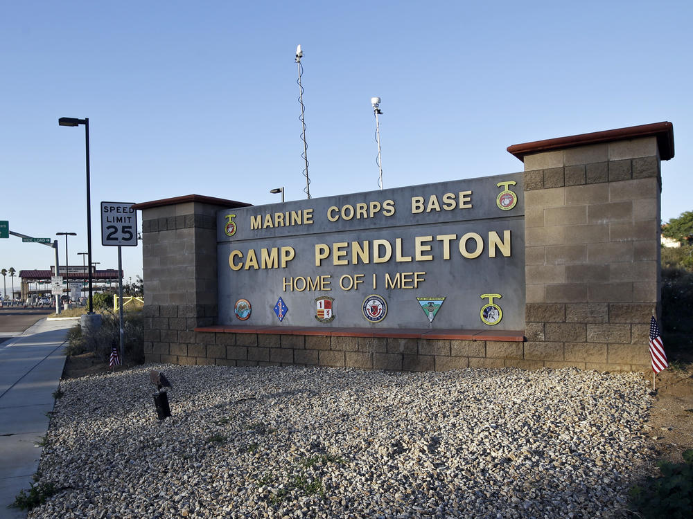 This Nov. 13, 2013 file photo shows the main gate of Camp Pendleton Marine Base in Southern California. Eight service members are presumed dead after their amphibious vehicle sank Thursday.