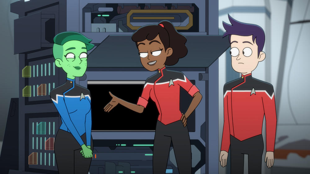 Ensigns Tendi (voiced by Noel Wells), Mariner (voiced by Tawny Newsome) and Boimler (voiced by Jack Quaid) do Starfleet's grunt work on <em>Star Trek: Lower Decks.</em>