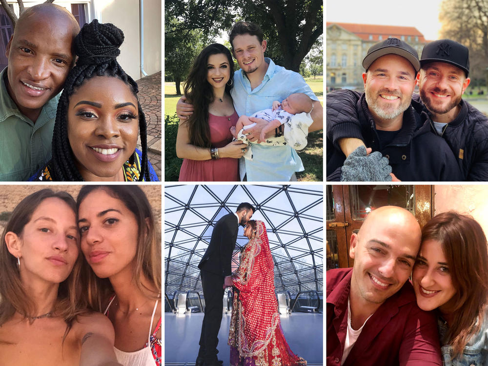 Thousands of couples have been separated by pandemic-related travel restrictions. Some have managed to reunite, but many are still trying to find a way. (Clockwise from top left: Johannes Mahele and Joresa Blount, Corsi Crumple and Sean Donovan, Todd Alsup and Sebastian Pindel, Marissa Daniela and Yoel Díaz Cuní, Rezan al-Ibrahim and Aysha Shedbalka, and Yahli Maoz and Gemma González.)