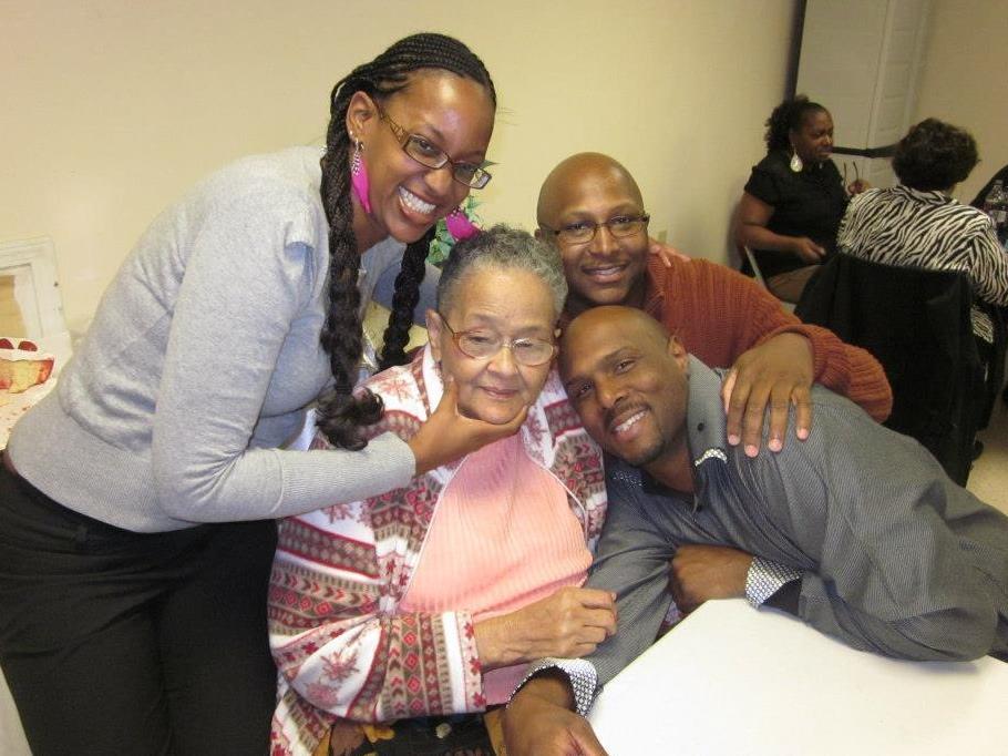 Ruby Hamilton is surrounded by her granddaughter Liz McLemore (left) and grandsons David Oliver (second from right) and Timothy Oliver. Family members always coordinated a party or luncheon when they visited Hamilton. 