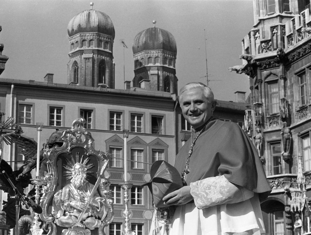 With the towers of Munich's cathedral in the background, Cardinal Ratzinger bids farewell to Bavarian believers in 1982. Ratzinger left Germany to head the Congregation for the Doctrine of the Faith at the Vatican.