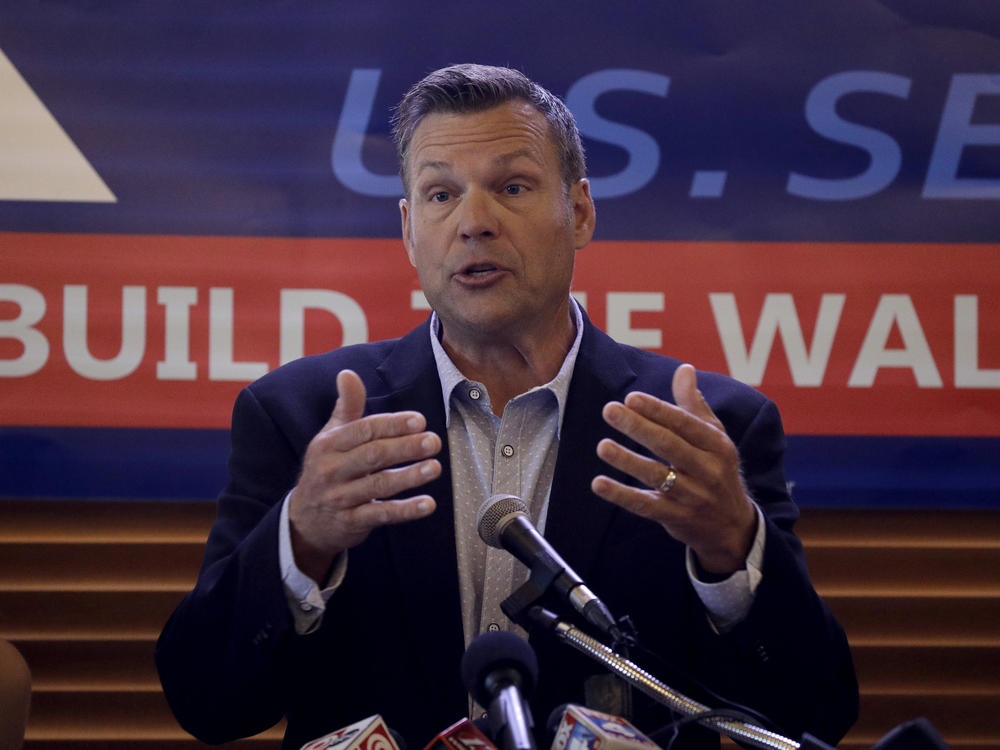 Former Kansas Secretary of State Kris Kobach addresses the crowd as he announces his candidacy for the Republican nomination for the U.S. Senate on July 8, 2019, in Leavenworth, Kan.