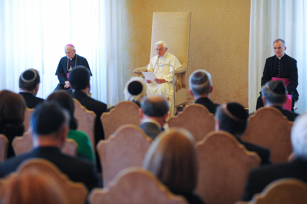 Benedict delivers a speech to members of the American Jewish Congress in 2009 at the Vatican. The pope said it was 