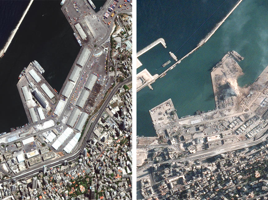 Beruit's port before (left) and after Tuesday's explosion (right).