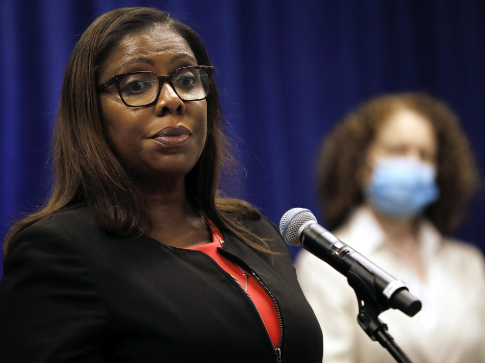 Letitia James, New York's attorney general, pauses while speaking during a news conference on Aug. 6, 2020, where she announced a civil action seeking to dissolve the National Rifle Association.