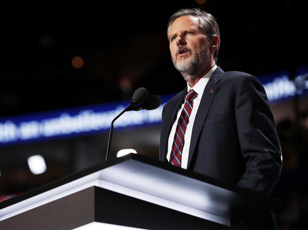 Jerry Falwell Jr. delivers a speech during the 2016 Republican National Convention in Cleveland.