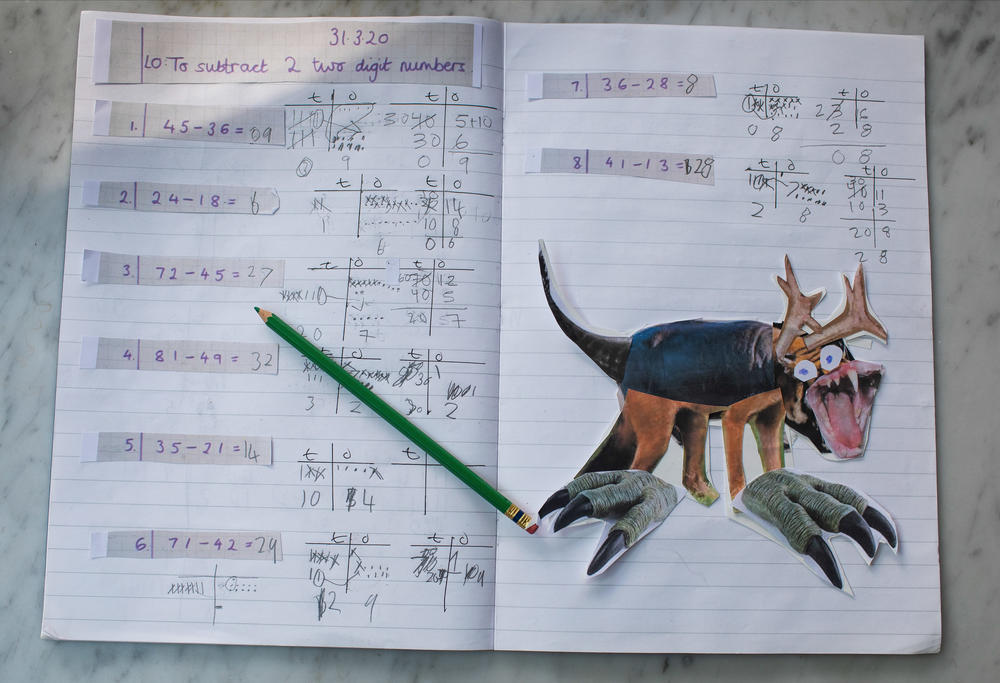 Joe created this mythical beast for an art assignment using photo collage. It sits comfortably on his homeschooling notebook next to a math assignment.