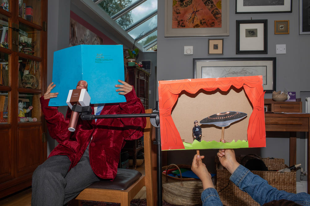 Dalziel and her sons created a stage out of a cereal box and the boys performed puppet productions of children's books and a play penned by her eldest son: 