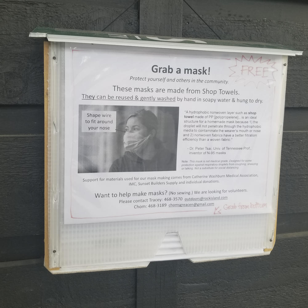 Chom Greacen created the Grab-and-Go Mask dispenser to help encourage her fellow residents on Lopez Island, Wash., to mask up. Volunteers sew the masks inside.