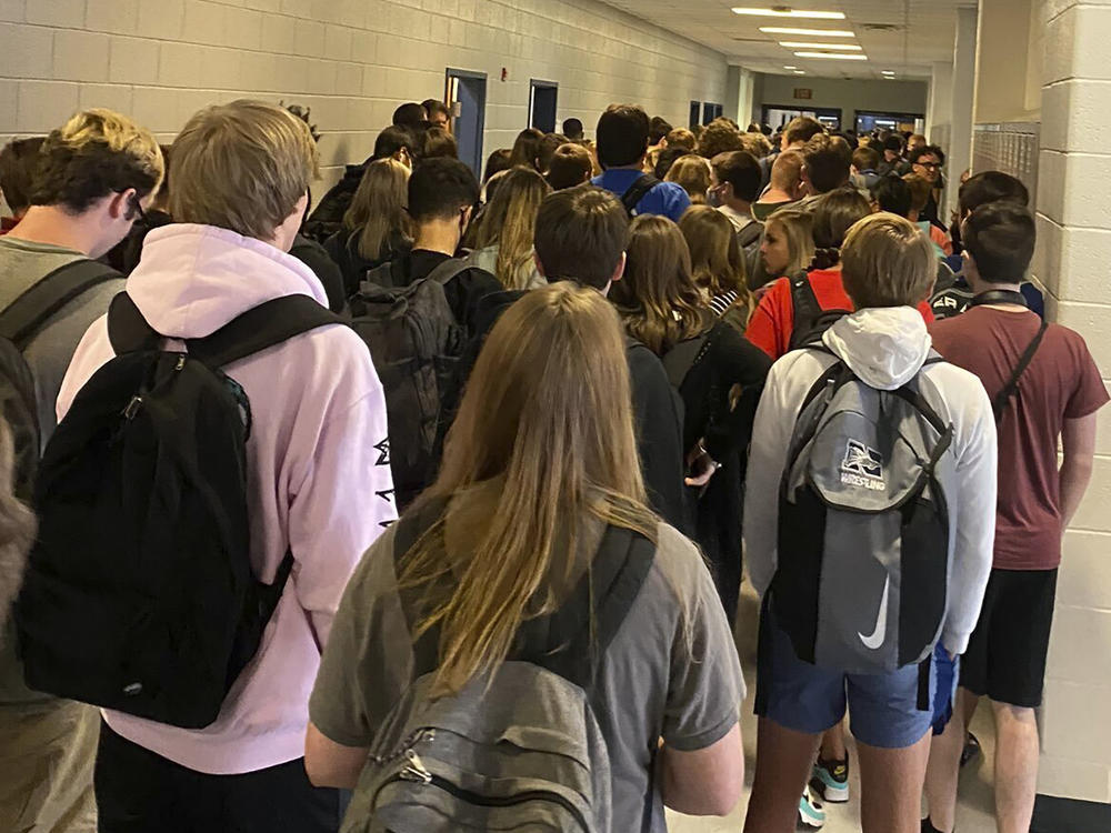 Officials at North Paulding High School in Dallas, Ga have suspended in-person learning for at least two days following a cluster of virus cases was discovered at the school. Above a crowd of students packs a hallway on Aug. 4.