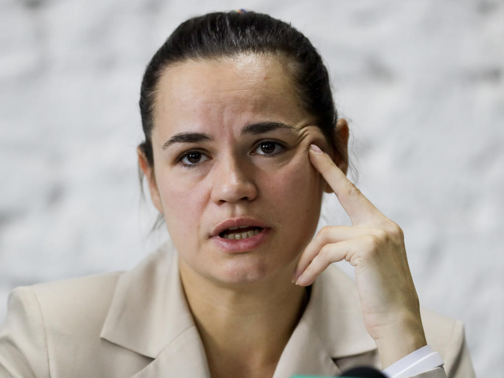 Opposition candidate Svetlana Tikhanovskaya speaks at a news conference Monday in Minsk, Belarus, after the Belarusian presidential election.