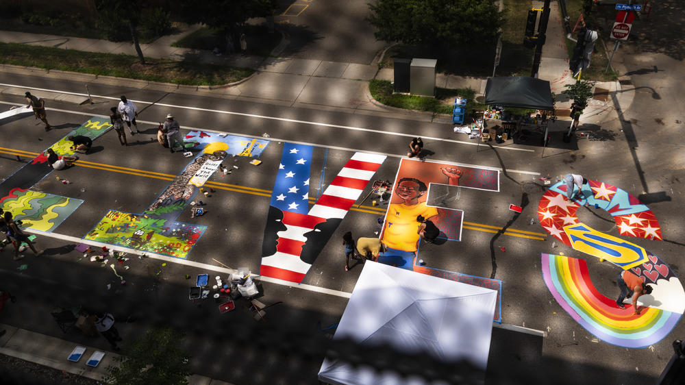 A Black Lives Matter mural, being painted on the street outside the Minnesota African American Heritage Museum and Gallery on July 18, 2020 in Minneapolis.