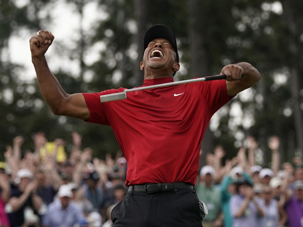 Tiger Woods reacts as he wins the Masters Tournament last year in Augusta, Ga.
