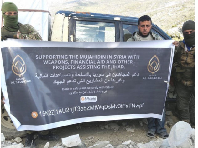 A group solicits funds for weapons by asking for bitcoin, according to the Department of Justice. The Trump administration says al-Qaida and affiliated groups have used such donations to fund terrorism.