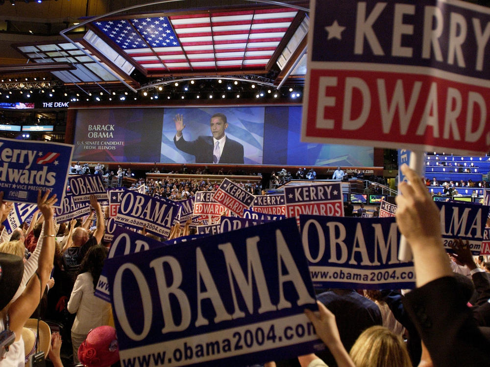 Barack Obama, then a little known state senator and candidate for U.S. Senate from Illinois, speaks during the 2004 Democratic National Convention in Boston.
