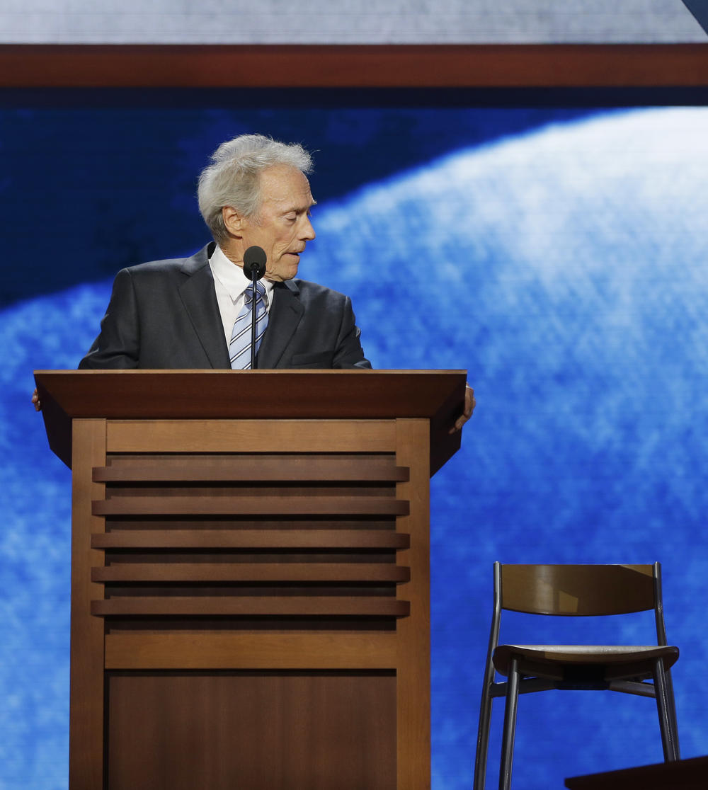 Actor and director Clint Eastwood addresses an empty chair at the 2012 Republican National Convention in Tampa, Fla., a peculiar, rambling conversation with an imaginary President Barack Obama that delayed programming to help promote GOP nominee Mitt Romney.