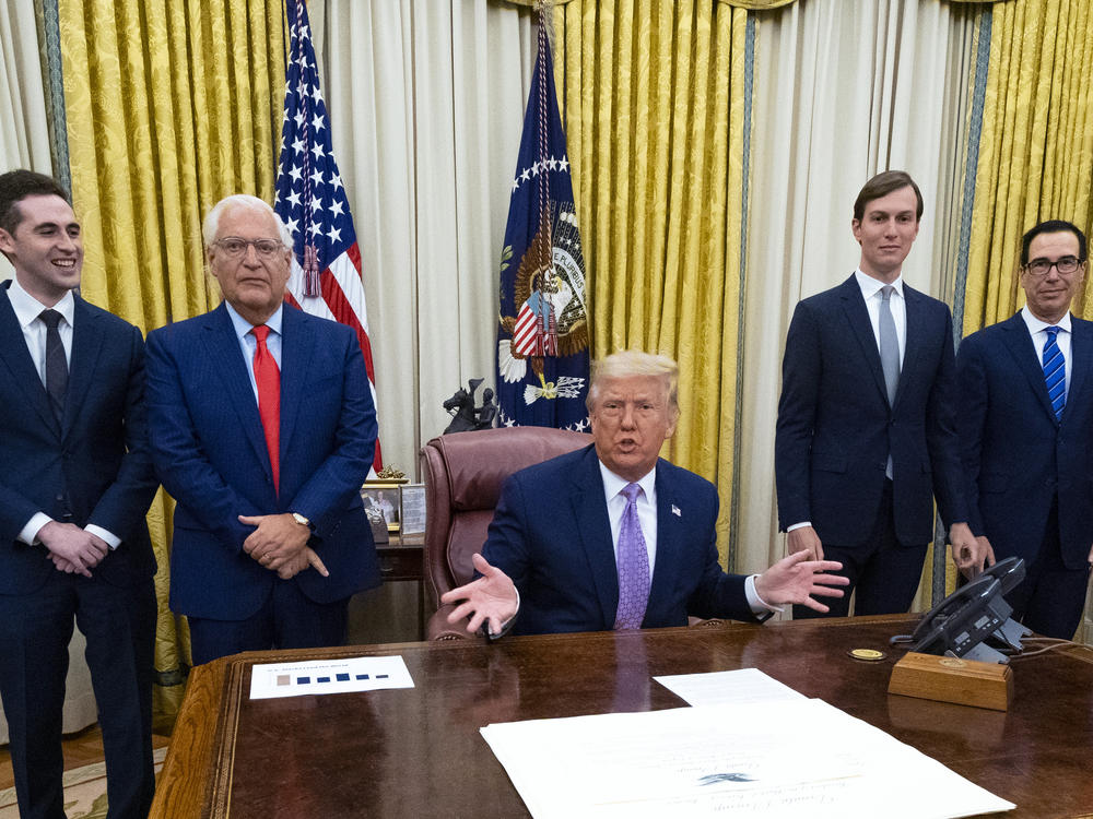 President Trump speaks during a Oval Office meeting Thursday with representatives of Israel and the United Arab Emirates, announcing an agreement to establish diplomatic ties between the two countries.