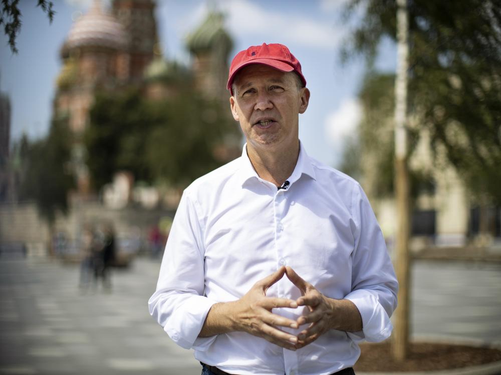 Valery Tsepkalo, an opposition politician from Belarus and former ambassador to the United States, speaks during an interview with the Associated Press near Red Square in Moscow, on July 28, with St. Basil's Cathedral in the background.
