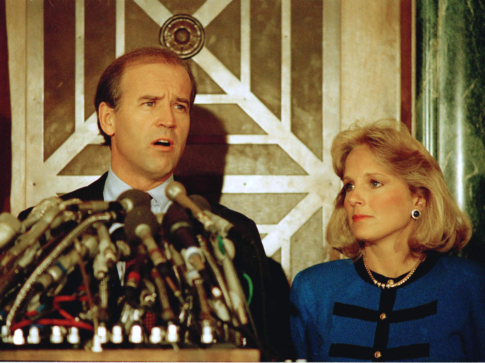 Biden appeared at a news conference with his wife Jill in Washington on Sept. 23, 1987, to announce he was withdrawing from the Democratic race for the presidential nomination.