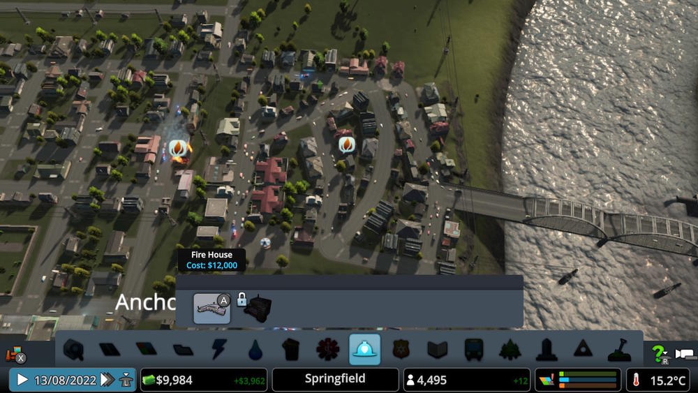 This is a shot of only one of many very very bad traffic configurations I created in <em>Cities: Skylines. </em>Yes, two houses are on fire.