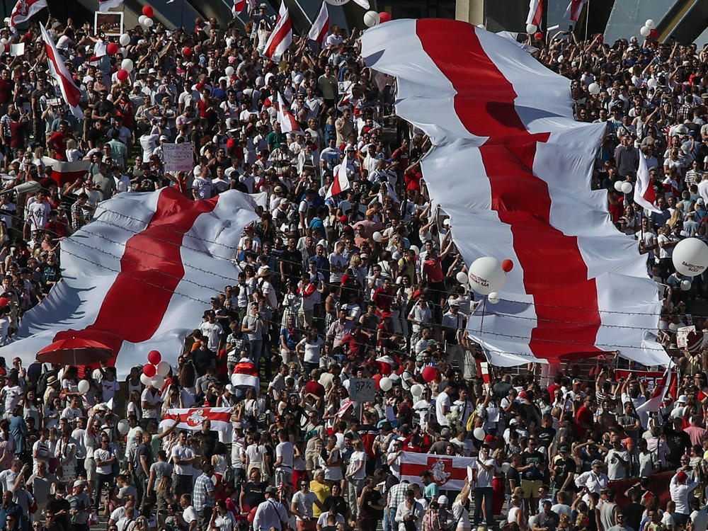 Protesters gather near the Minsk Hero City Obelisk in Belarus on Aug. 16 to protest the results of last week's presidential election, which are widely seen as fraudulent.