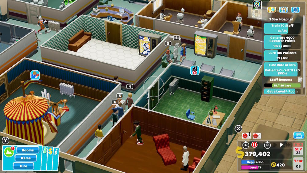 In this shot of my hospital, you can see the clown treatment room, a couple of training rooms, a psychiatrist's office, and some vending machines, among other things.
