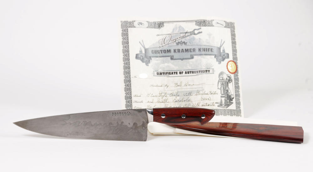 One of the most popular items up for auction is one of Anthony Bourdain's favorite knives. It is a custom Bob Kramer steel and meteorite chef's knife.