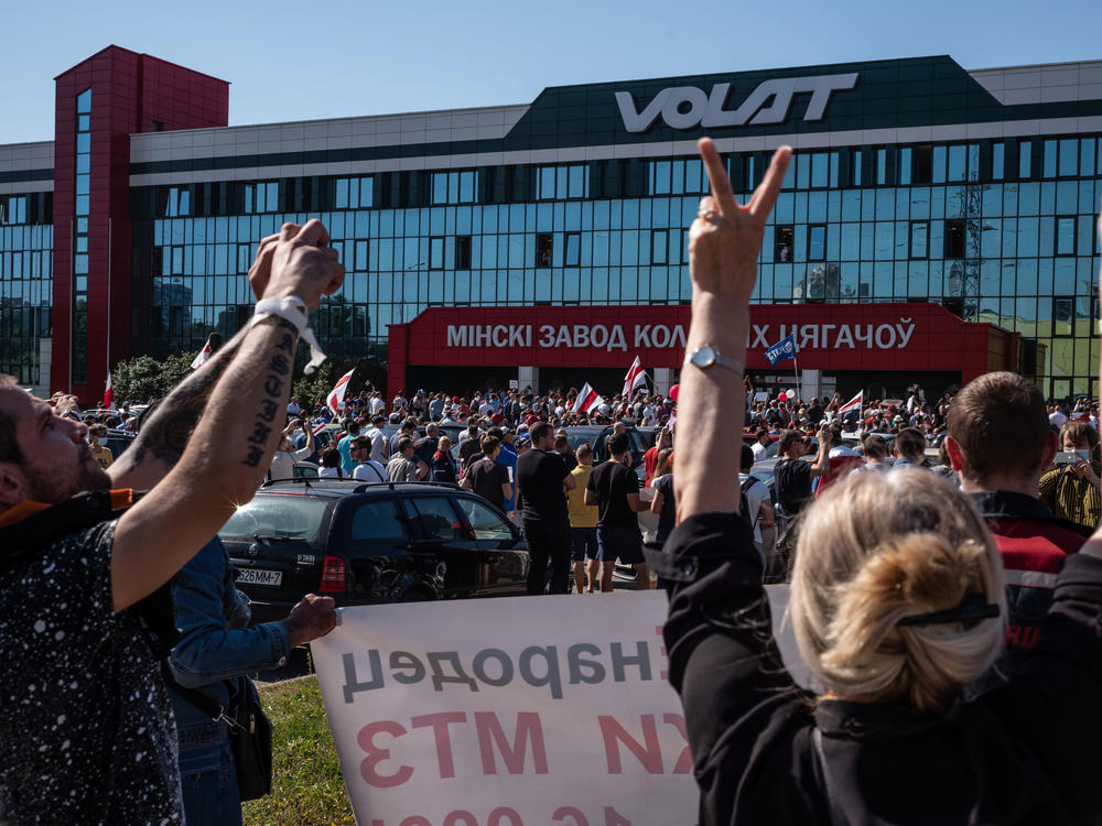 Striking workers participate in anti-government protests on Monday in Minsk, Belarus.