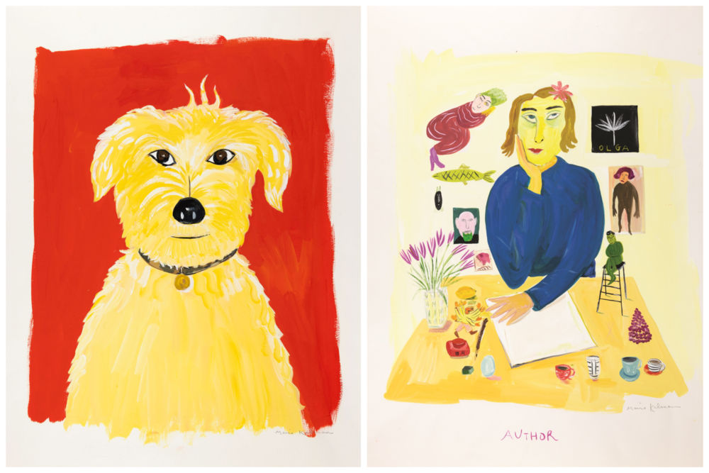 (Left) Maira Kalman (American, born Israel, 1949), Illustration for What Pete Ate From A - Z (Really!) (G.P. Putnam's Sons, 2001) (Right) Maira Kalman (American, born Israel, 1949), "When I was seven and sitting in a tree in Henry Hudson Park," 1993
