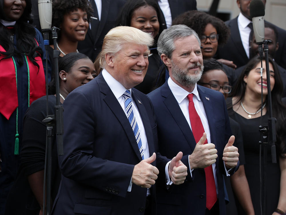 Jerry Falwell Jr. with President Trump during Liberty University's commencement in May 2017 in Lynchburg, Va.