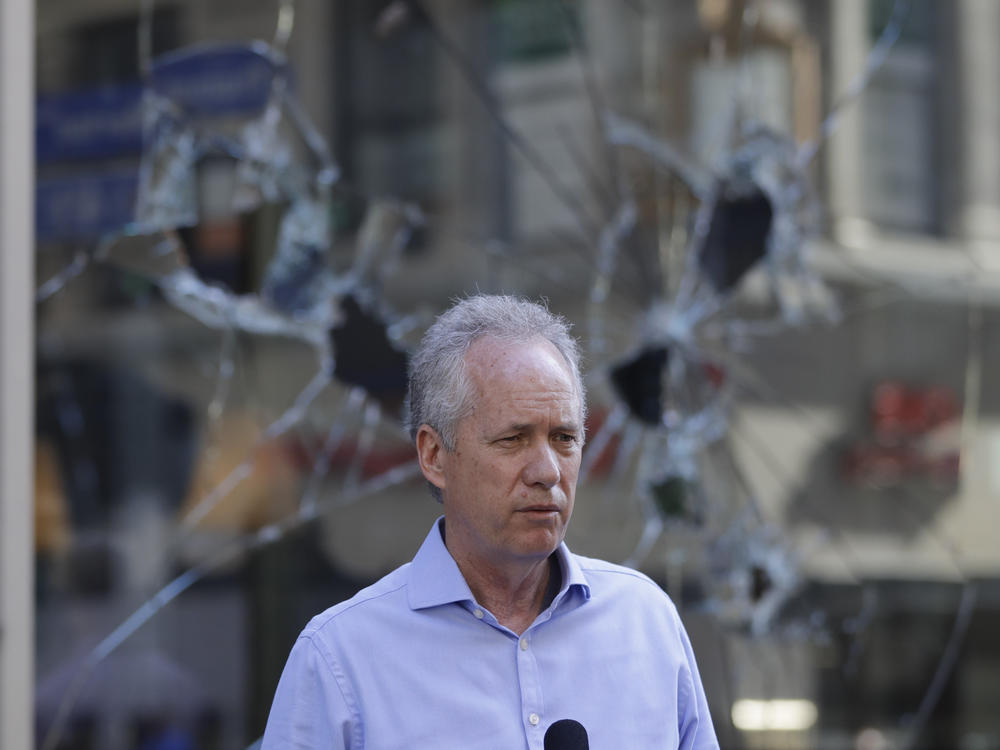 Louisville Mayor Greg Fischer speaks during a news conference, Saturday, May 30, 2020, in Louisville, Ky.