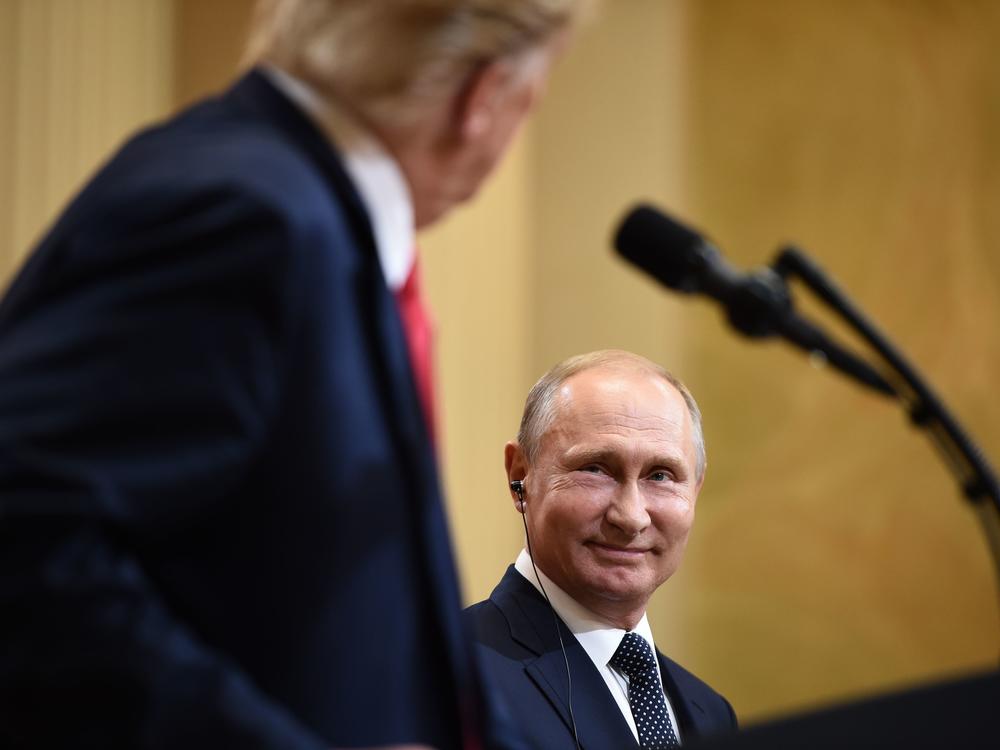 President Trump and Russian President Vladimir Putin attend a joint press conference after a July 2018 meeting in Helsinki.