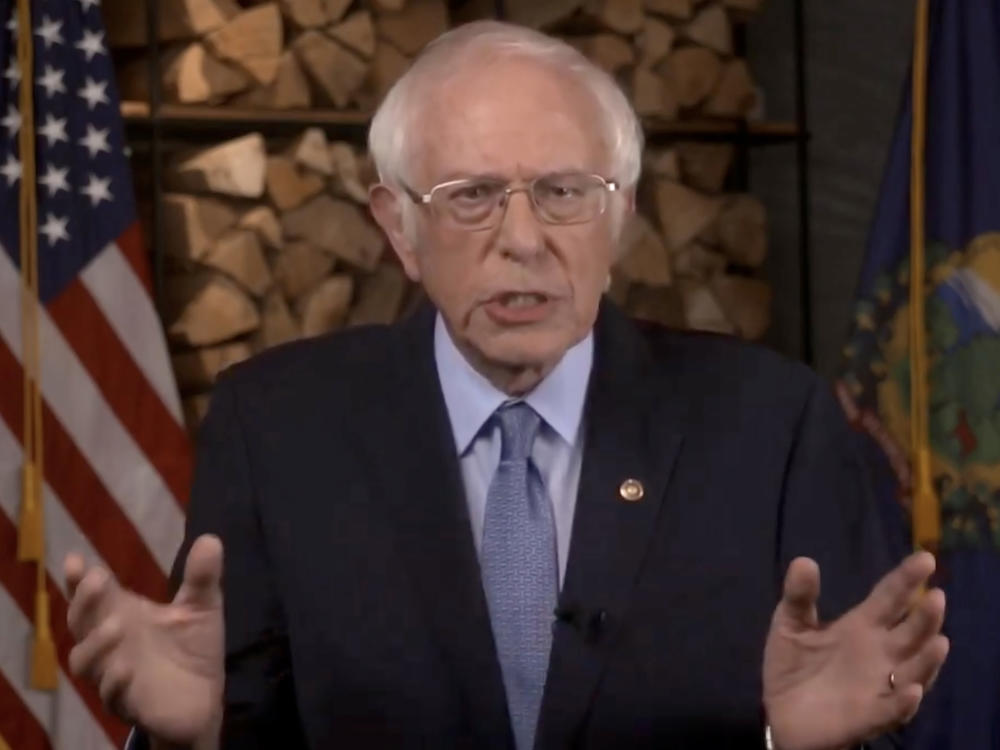 Sen. Bernie Sanders, I-Vt., addresses the virtual Democratic National Convention on Monday evening.