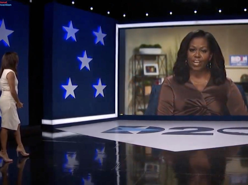 In this screenshot from the 2020 Democratic National Convention's livestream, actress and activist Eva Longoria introduces former first lady Michelle Obama.
