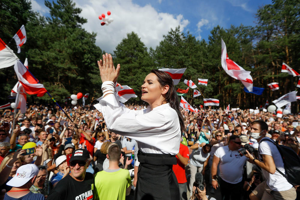 Svetlana Tikhanovskaya, Lukashenko's main challenger, greets supporters in Brest, Belarus, on Aug. 2. She fled to Lithuania under pressure from authorities last week. 