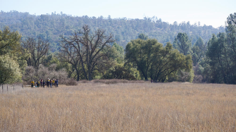 A group of men and women from Native American tribes in Northern California, university students and locals from around the town of Mariposa gather at the beginning of two days of lighting fires in a series of controlled burns.