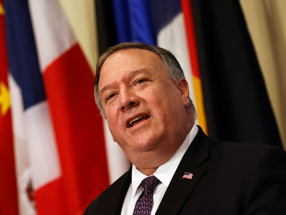 Secretary of State Mike Pompeo speaks to reporters Thursday after meeting with members of the U.N. Security Council and calling for the restoration of sanctions against Iran.