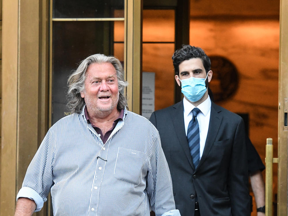 Former White House adviser Steve Bannon exits the Manhattan Federal Court on Thursday. Bannon and three other defendants have been indicted for allegedly defrauding donors in a $25 million border wall fundraising campaign. Bannon joins a list of 2016 Trump campaign officials who have faced federal charges.