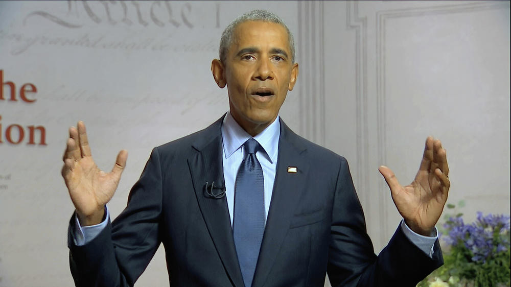 In this image from video, former President Barack Obama speaks Wednesday night at the convention, touching on President Trump's handling of the coronavirus crisis.