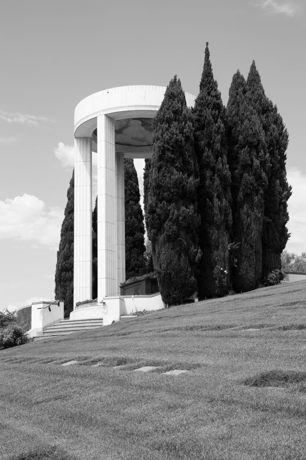 The Al Jolson Shrine at Hillside Memorial Park — a memorial and burial place for the Jewish community — in Culver City, Calif. Jolson, a prominent performer in the early 20th century, was famous for acting in blackface. Ireland notes the irony of having Williams design Jolson's shrine, but says when it was built in 1951, blackface was considered acceptable.