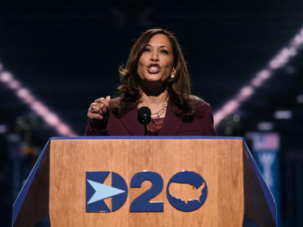 Democratic vice presidential nominee Kamala Harris speaks during the third day of the Democratic National Convention.
