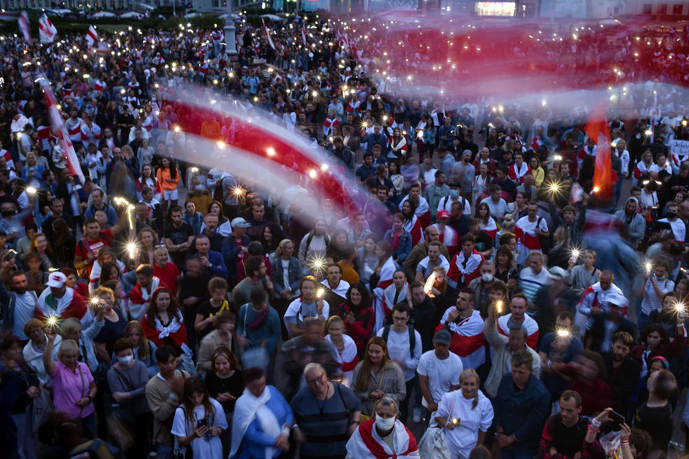 Protesters gathered at Independence Square in Minsk on Thursday. They have come out in unprecedented numbers since the Aug. 9 election that returned Belarus' authoritarian President Alexander Lukashenko to power amid accusations of vote-rigging.