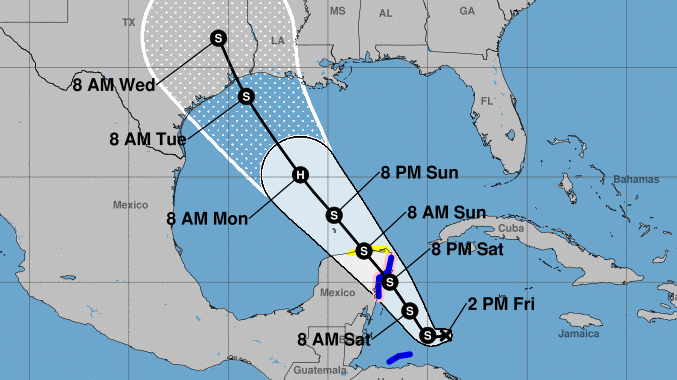 Tropical Depression 14, which could become Tropical Storm Marcos, is predicted to become a hurricane in the Gulf and then to weaken before hitting the Texas coast near Houston, possibly by Tuesday morning.