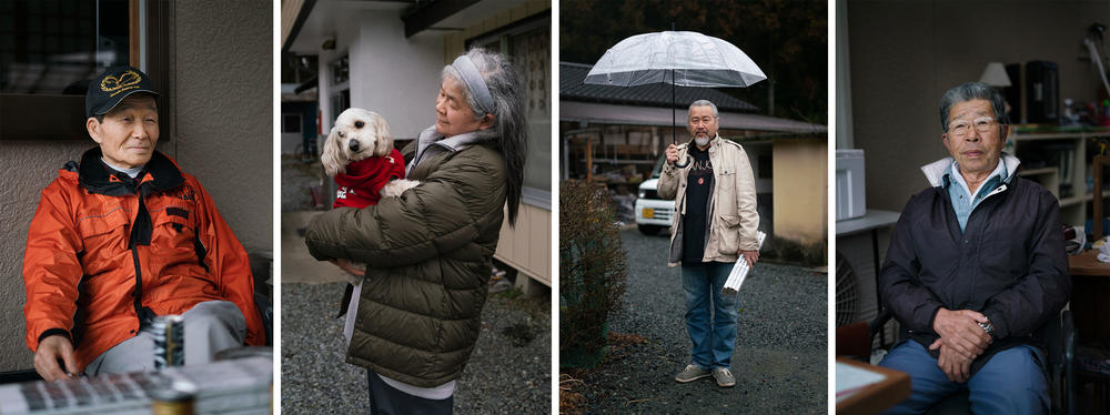 From left: Shuichi Kanno, Shigeko Hoshino, Hiroyuki Shima and Hachiro Endo are neighbors who moved back to Fukushima after the nuclear disaster and who get regular visits from monkeys that eat fruits and vegetables from their gardens.
