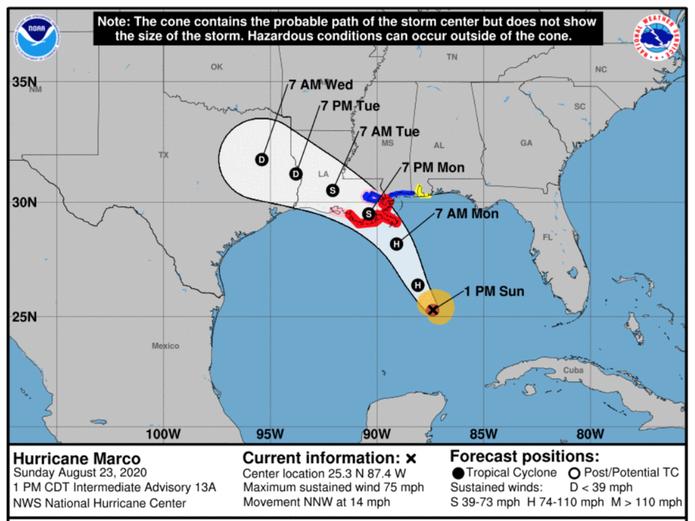 The probable track of Tropical Storm Marco, according to the National Hurricane Center.