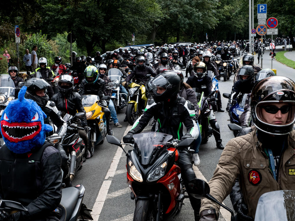 German motorcyclists demonstrate Sunday in Lower Saxony, Hanover, against proposals to restrict their rides.
