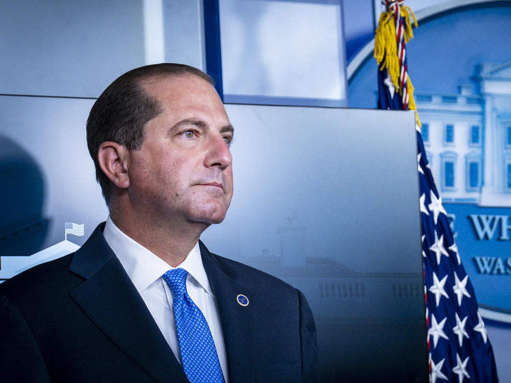 Health and Human Services Secretary Alex Azar, pictured at the White House Sunday, defended the FDA's authorization of convalescent plasma treatment.