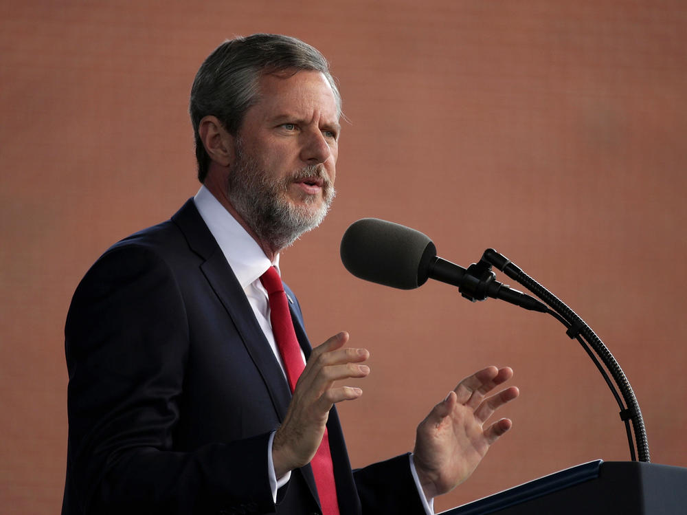 Jerry Falwell Jr. speaks at a Liberty University commencement in 2017 in Lynchburg, Va.